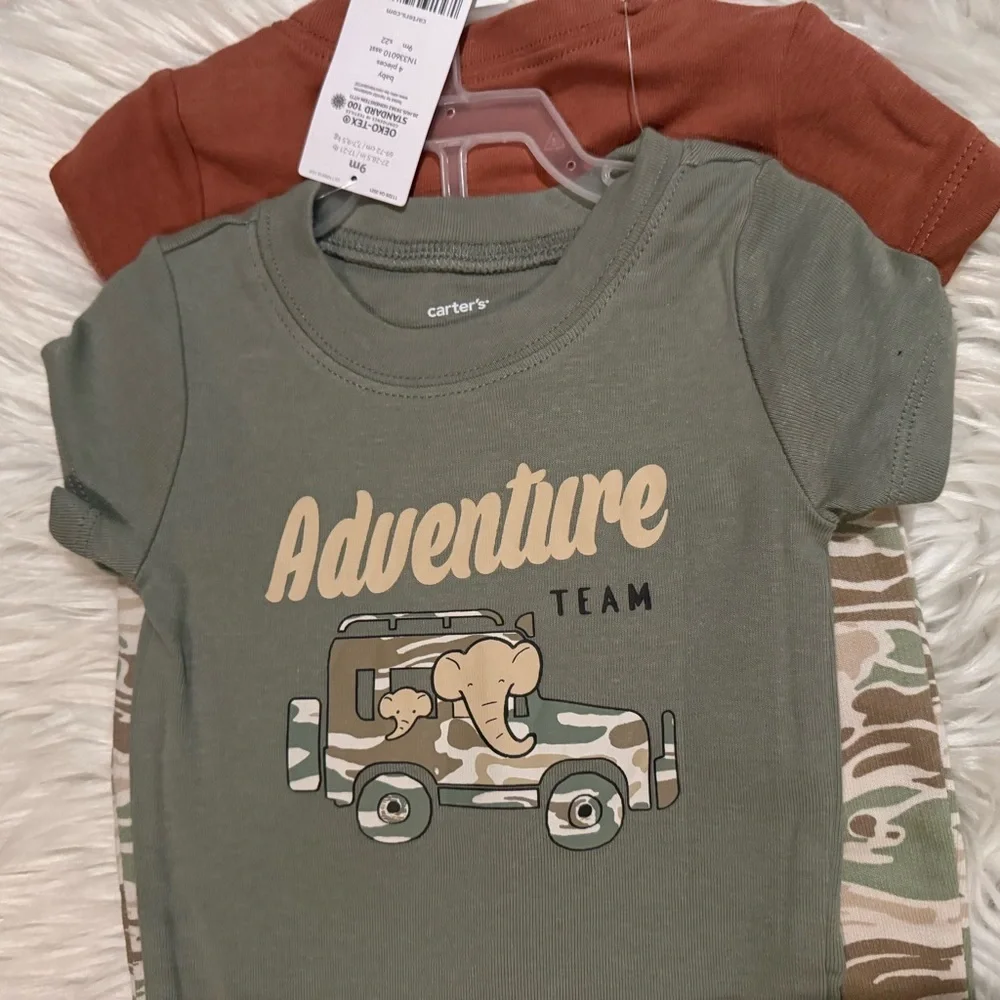 Carter’s 4pc Bodysuit Pants Set Baby Boy 9M Green Brown Safari‎ Animals NWT
